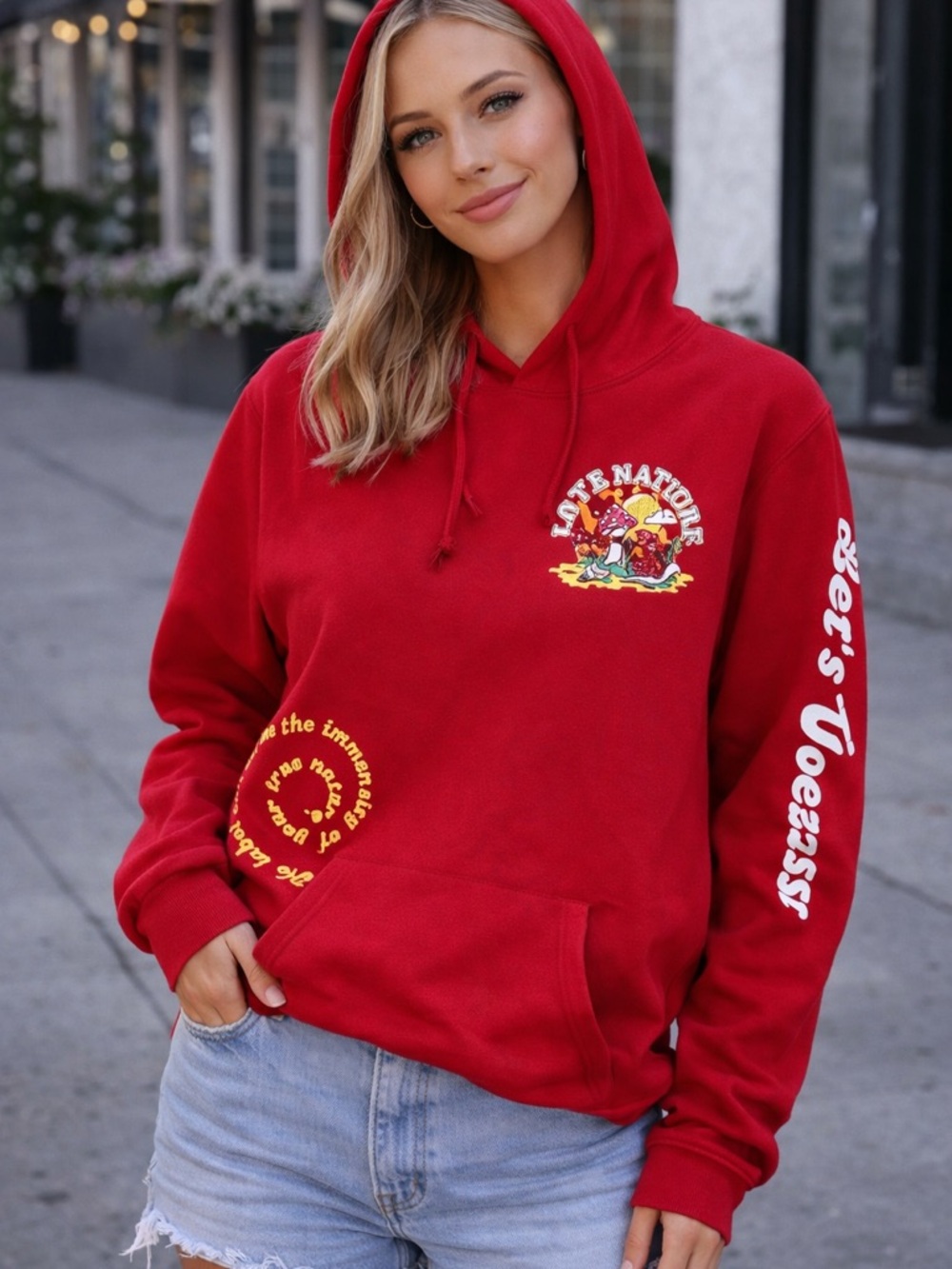 Brooklyn Cloth Red Graphic Pullover Hoodie with White Sleeve Script